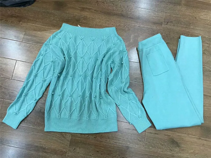 Tracksuits 2021 autumn and winter 2-piece Suit Hand-beaded Word Shoulder Wool Mink Sweater + Knit Trousers Two-piece Women |