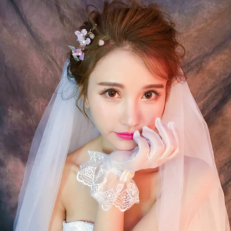 Fashion Bride Wedding Lace Bow Solid Color Full Finger Gloves Wrist Length Female Prom Dress European and American Accessories | Свадьбы и