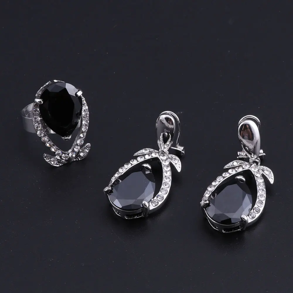 Classic Water Drop Necklace Earrings Set Luxury Silver Color Jewelry Sets For Women Wedding with Black AAA Cubic Zircon | Украшения и