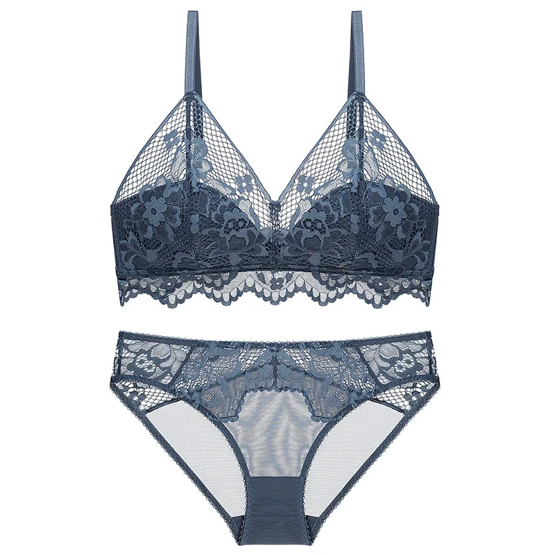 sexy mousse half cup bra sets women underwear lace mesh deep V flower wireless young girl see through panties new black green