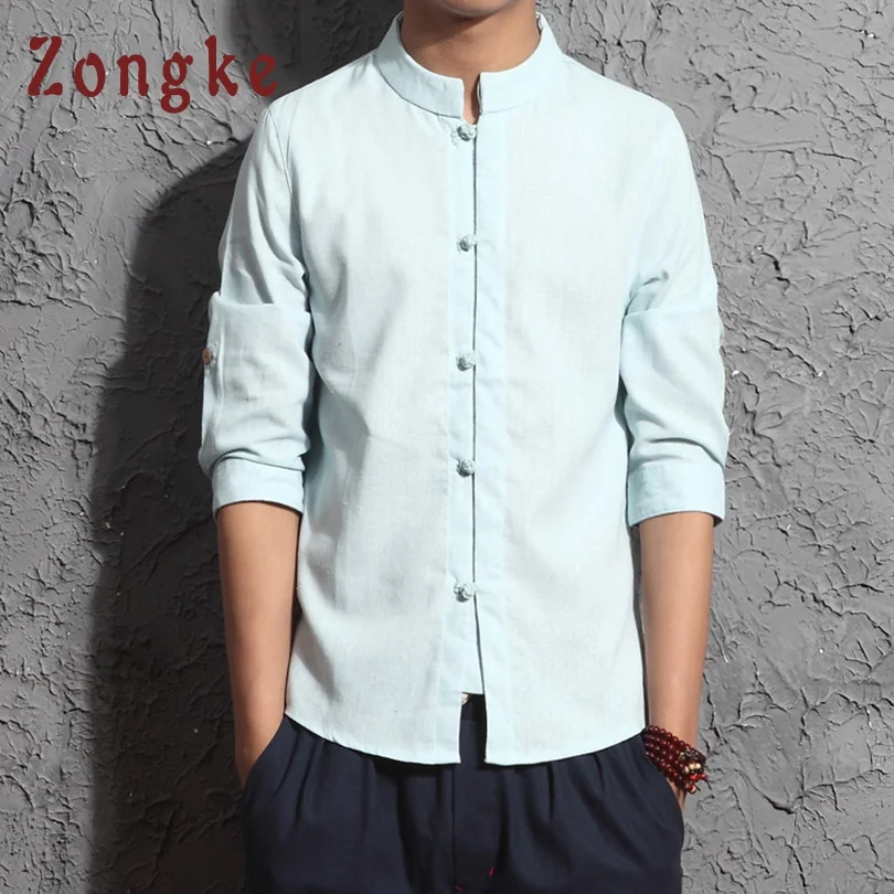 Zongke, китайский стиль, одноцветная рубашка, мужская, модная, уличная, Harajuku, рубашка с длинным рукавом, мужская, 5xl, мужские рубашки, повседневная, приталенная,, новинка