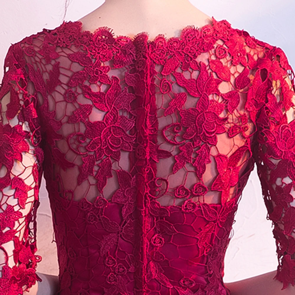 2019 овальным вырезом коктейльное платье темно красная Аппликация Длина колена