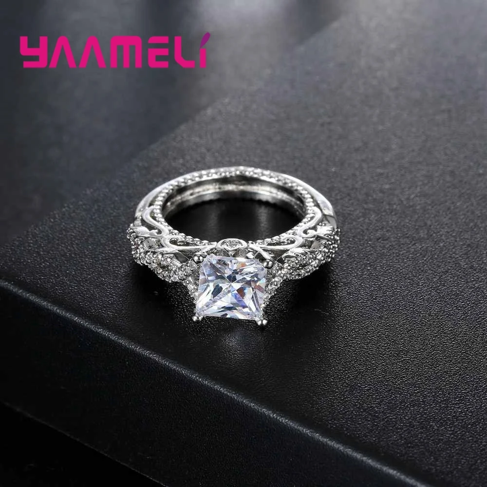 

Brand 925 Sterling Silver Rectangle 5A Clear Zircon Shining Ring Wedding Engagement Finger Jewelry For Women Fashion