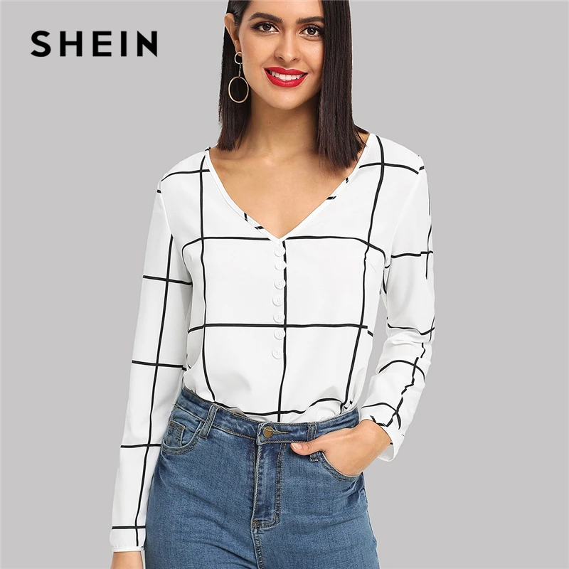 SHEIN Black And White Office Lady Elegant Button Front V-Neck Long Sleeve Plaid Blouse Autumn Workwear Women Tops And Blouses