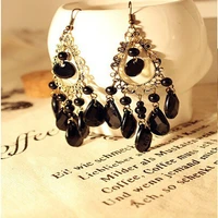 1 pair retro long water drop earrings piercing hollow tassel black female eardrop fashion jewelry for wedding