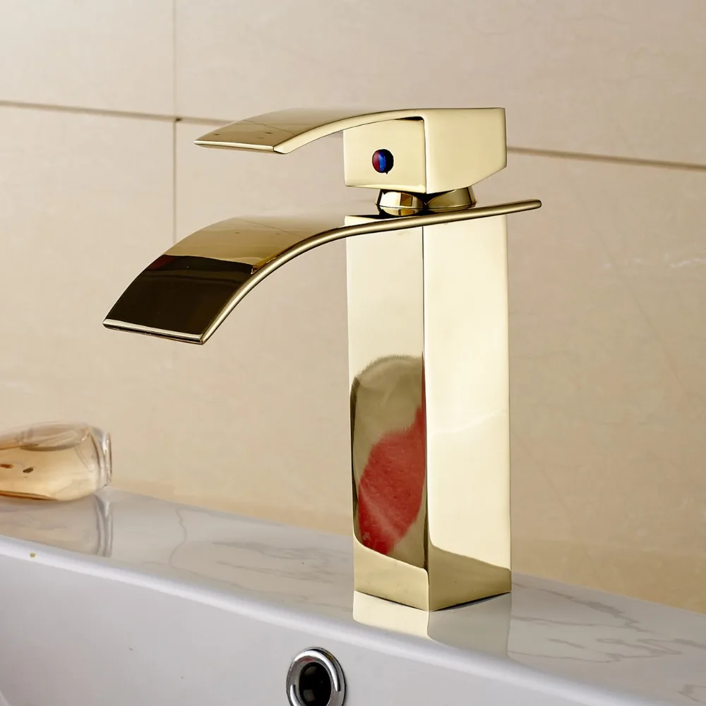 

Free shipping golden waterfall faucet with solid brass bathroom waterfall basin faucet of hot cold water mixer tap