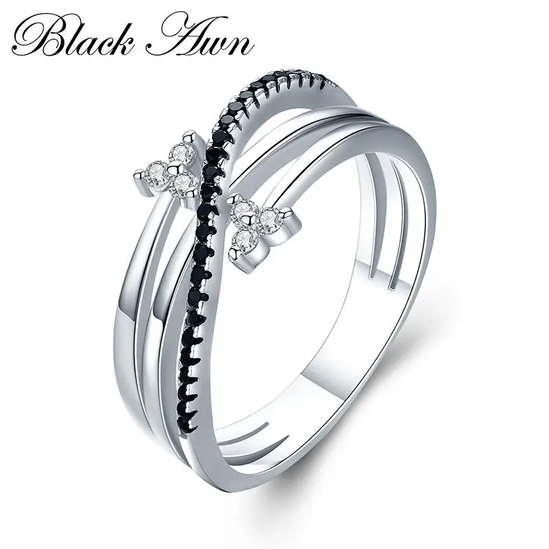 

Romantic 3g 925 Sterling Silver Fine Jewelry Bague Row Black Spinel Leaf Wedding Ring for Women Bijoux G005