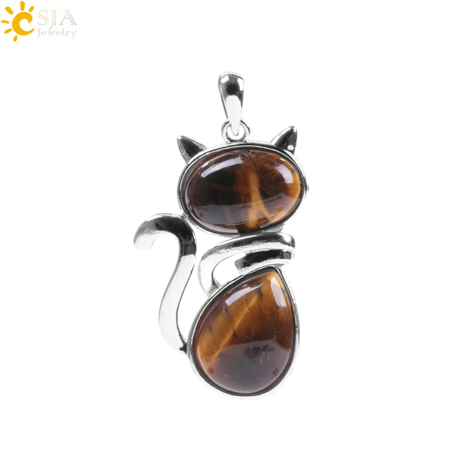 Tiger Eye CSJA Милая подвеска в виде кота для девочки, подвеска из натурального камня, зеленый авантюрин, розовый кристалл, украшение в виде кошки Wisiorek F072 - Окраска металла: Tiger Eye