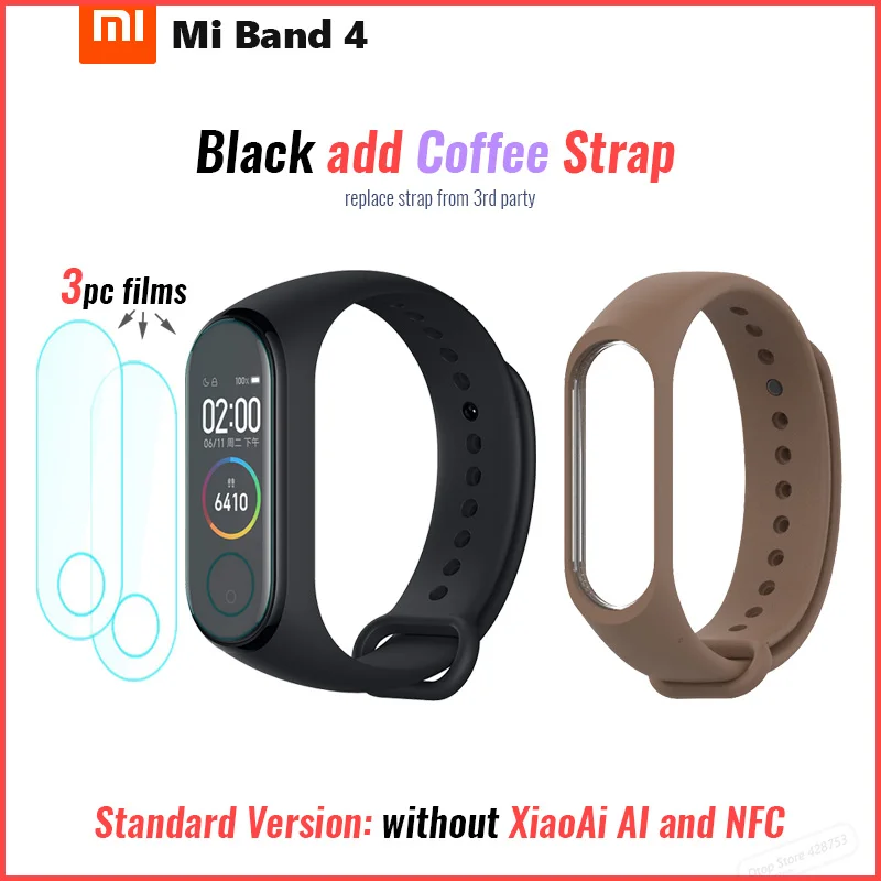 add film coffee stra Xiaomi Mi Band 4 Smart Band 4 Браслет фитнес-браслет Музыкальный контроль браслет Bluetooth 5 AMOLED цветной сенсорный экран - Цвет: add film coffee stra