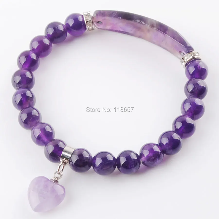 

YOWOST Natural Amethysts Stone Beads Strand Bracelets Heart Shape Silver-color Fitting Women Jewelry Love Gifts IK3340