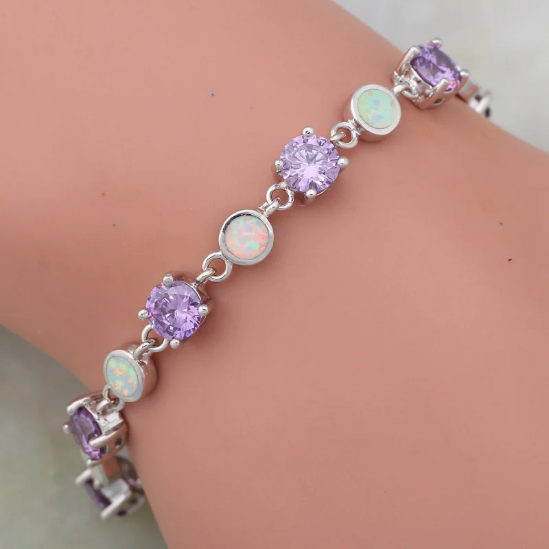 

Silver Color Purple zircon white Fire Opal Bracelets for women pulseiras femininas wedding jewelry 18.5cm 7.28 inch B211