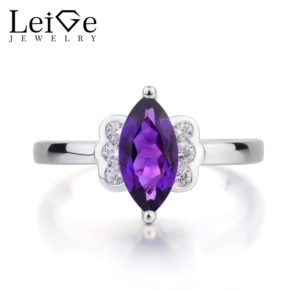 

Leige Jewelry Natural Amethyst Ring Proposal Ring February Birthstone Marquise Cut Purple Gemstone 925 Sterling Silver for Girls