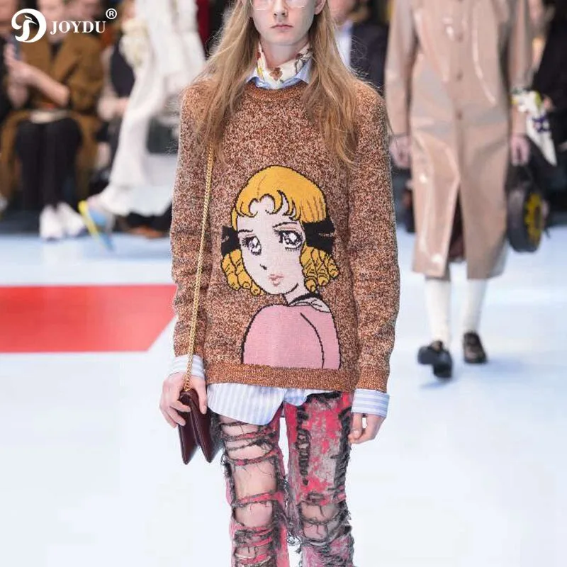 JOYDU 2018 Runway Thick Warm Winter Knitted Sweater Women Wool Pullover Cartoon Girl Pattern Color Mixing Fashion Cute Sweaters | Женская