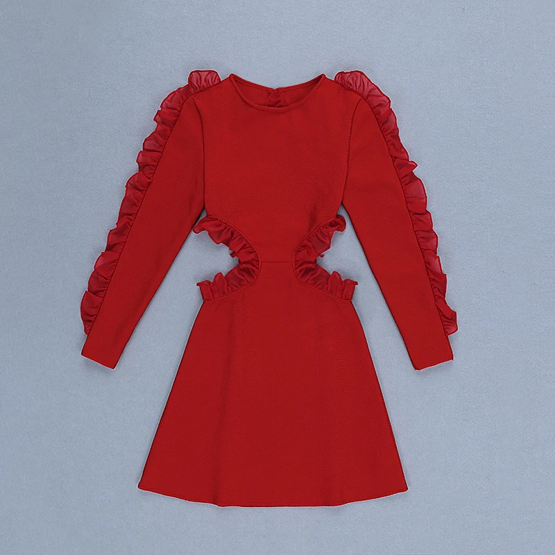 

New Sexy Off Shoulder Women Bandage Dress Vestidos 2019 New red ruffles round neck Club Dress Celebrity Party Runway Dresse