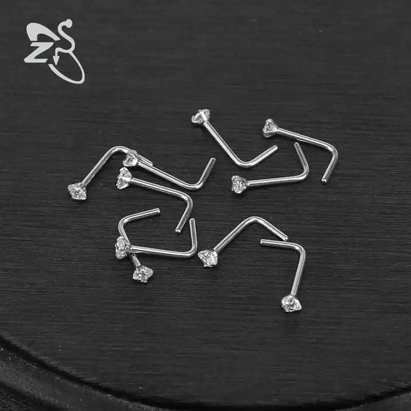 AOEDEJ 10 Pcs 1 Lot 20g Nose Rings& Studs Round Crystal Nose Rings Piercing Body Jewelry L-shape Nose Stud Cubic Zircon Nostril