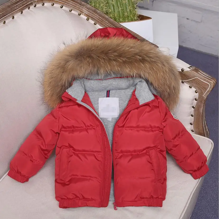 red Leopard fur Новые детские пуховики с большим воротником из натурального меха для маленьких девочек и мальчиков, 90% белый утиный пух, верхняя одежда хорошего качества, пальто, ws139 - Цвет: red Leopard fur