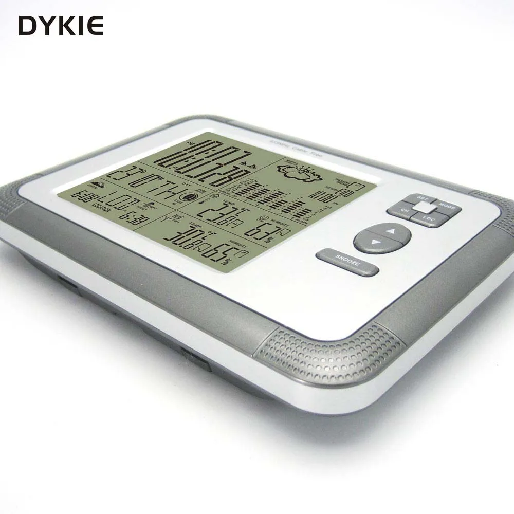 Бесплатная доставка DYKIE цифровая беспроводная метеостанция с будильником Двойной будильник Внутренний наружный термометр Гигрометр Барометр On.