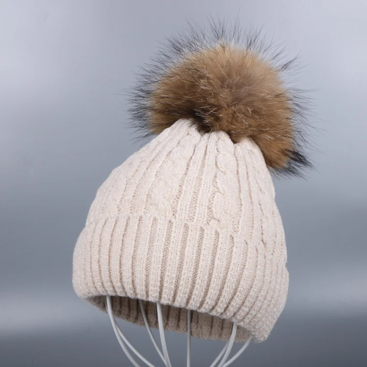 Mink Pom beige hat OHCOXOC, новинка, женские шапочки, натуральный Лисий мех, помпоны, шапка, сохраняющая тепло, шапочки, Skullies, стразы, бусины, роскошные, норковые, помпоны, зимние шапки - Цвет: Mink Pom beige hat