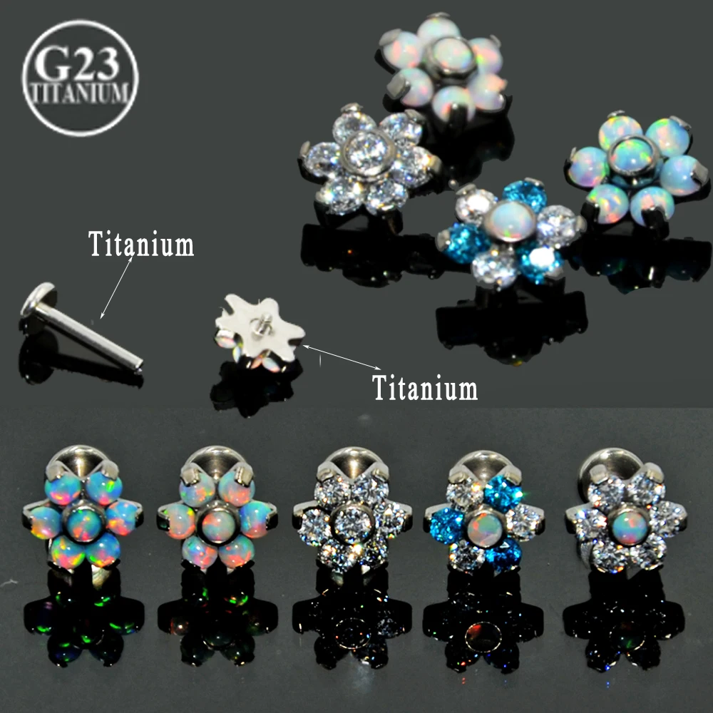 BOG-10 Piece G23 Titanium Opal Gem Labret Lip Bar Ring Opal&Zircon Flower Ear Cartilage Tragus Helix Piercing Screw Fit Top 16g