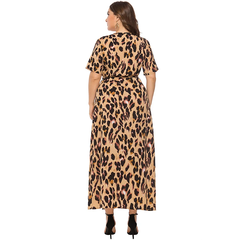 Женское леопардовое платье 3XL 4XL 5XL 6XL размера плюс летнее платье с коротким рукавом пляжное платье Бохо элегантное женское длинное платье макси