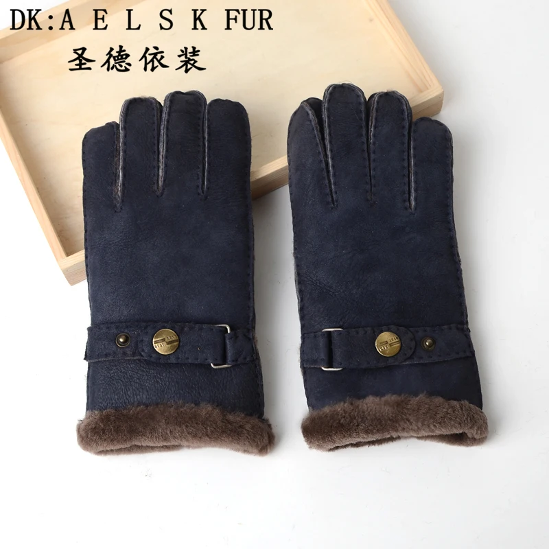 Фото Мужские стильные перчатки темно синего цвета с пряжкой Хорошая теплая ручная