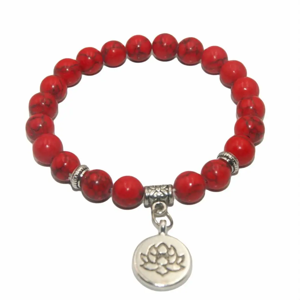 Red Turquoise Бусы из натурального камня лотоса Будды аметисты Агаты лазурит тигровый глаз бирюза браслет для женщин мужчин Йога браслет Femme - Окраска металла: Red Turquoise