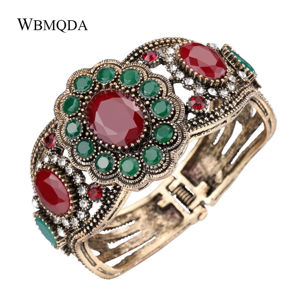 

Wbmqda Charm Cuff Bracelets & Bangles For Women Oval Red Stone Crystal Flower Wide Retro Statement Bracelet Turkish Jewelery