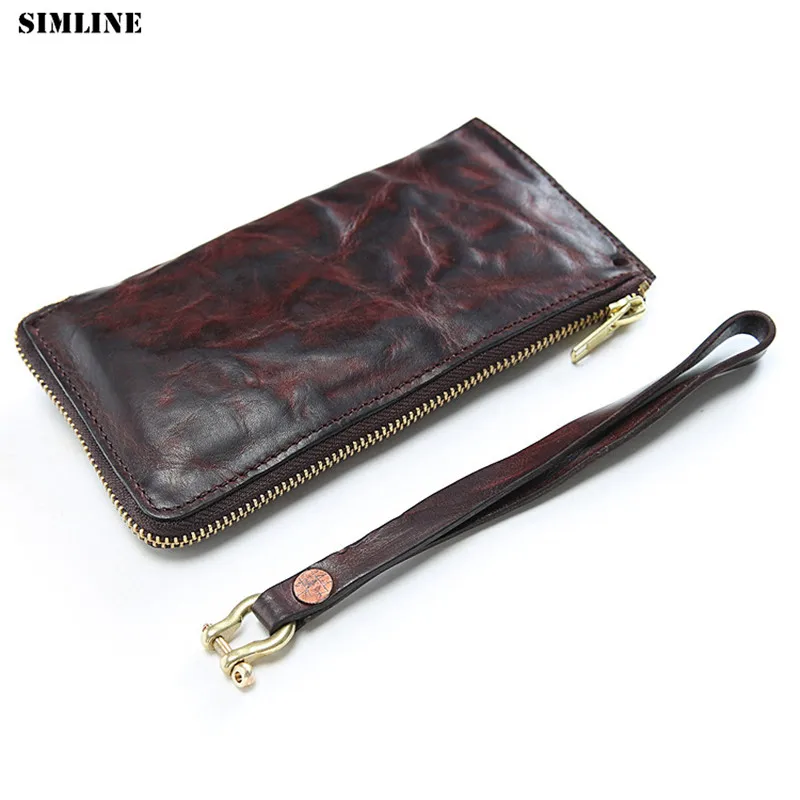 Мужской кошелек из натуральной кожи SIMLINE Винтажный Длинный тонкий клатч на