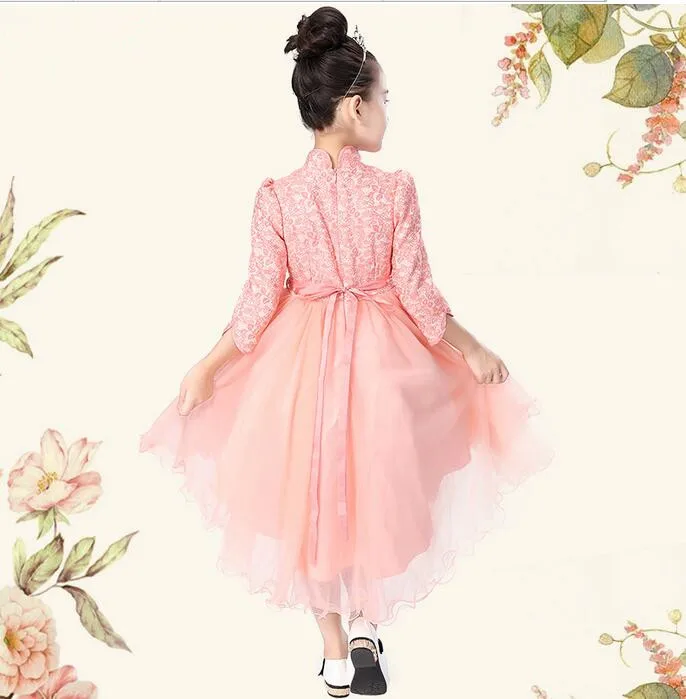 Элегантное шифоновое платье-Ципао для девочек розовое платье принцессы с