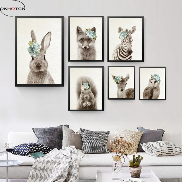 

OKHOTCN Nordic Cartoon Animal Canvas Art Print Painting Poster Quotes Wall Picture For Children Room Home Decoration Wall Decor