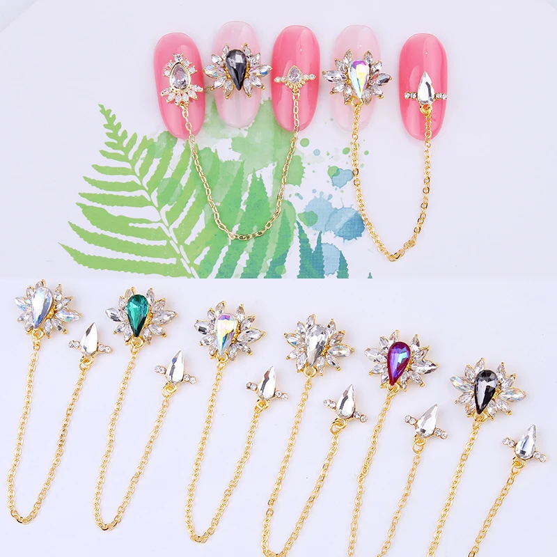 

5Pc/Lot Japanese Long chain Glitter 3D Nail Strass Beauty Bride Nail Art Crystal AB Alloy Charms Rhinestones For Nails JE314-323