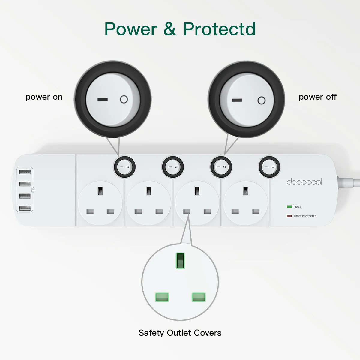 dodocool Surge Protector Power Strip with 4 USB Charging Ports and 4-Outlets Overload Protection Individually Controlled Switch