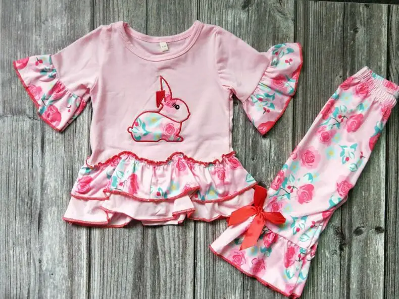 

Hot sale rabbit outfits baby girls cute animal short sleeve+bowknot pants 2 pcs sets kids children's boutique clothing gxj