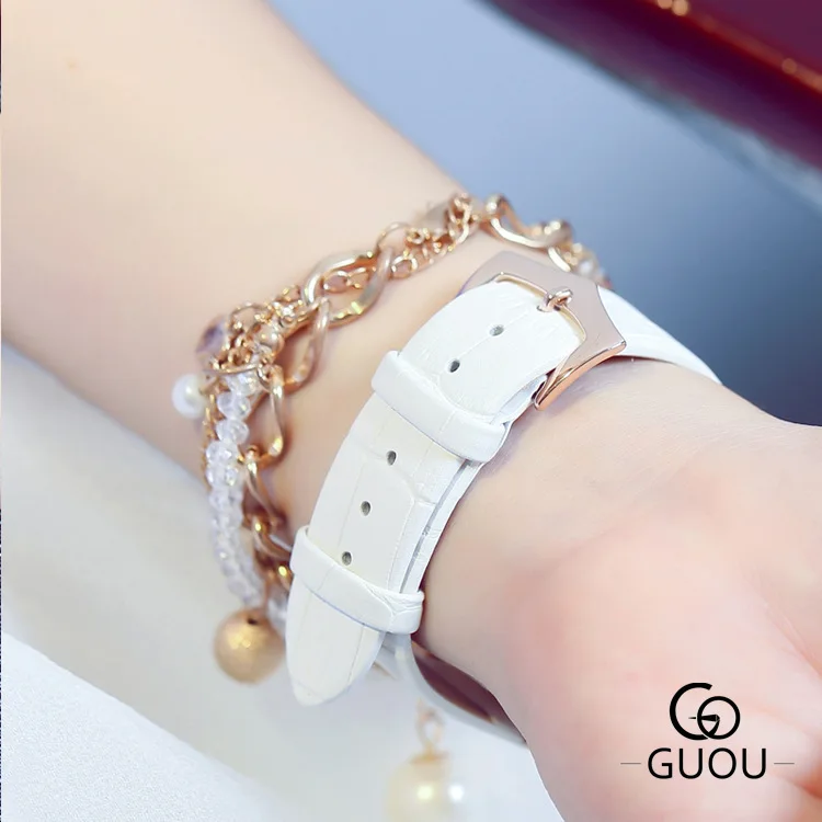 Женские Кварцевые Часы GUOU ударопрочные из кожи аналоговые черные белые 8813 1