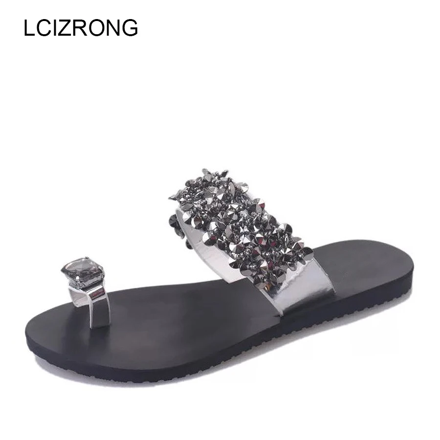 Сланцы LCIZRONG женские на плоской подошве модные блестящие пляжные тапочки из кожи