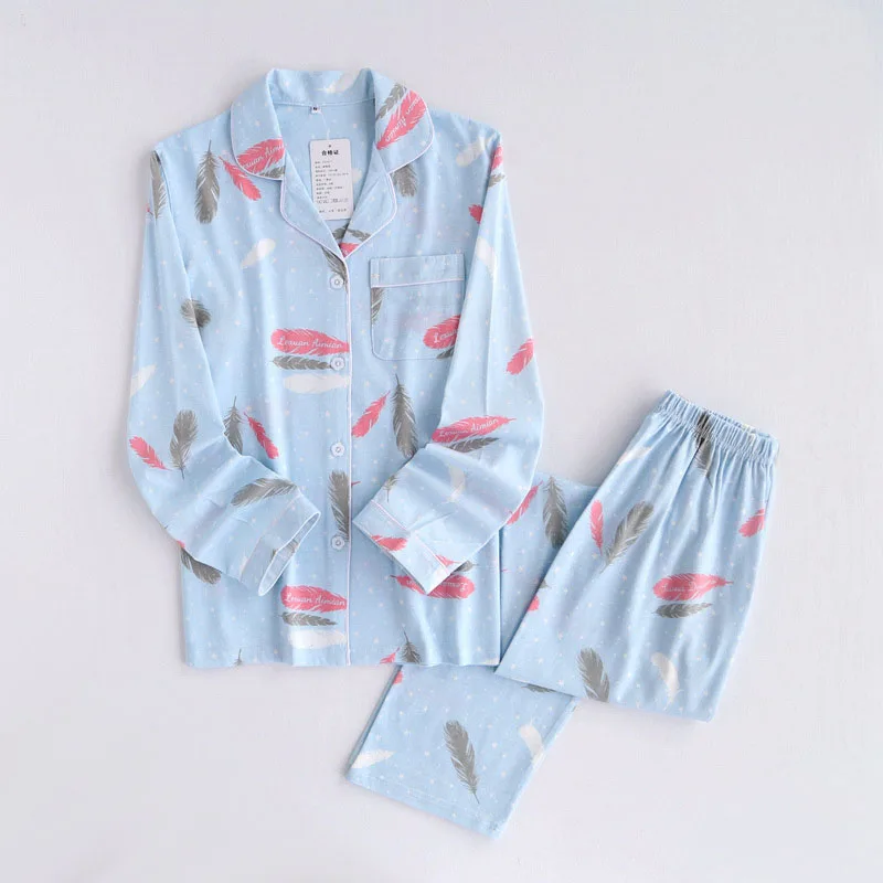 

2018 New Spring Pajamas Combed Cotton pyjamas Women full sleeve feather printed Pijamas 2 pieces Sleepwear Lounge home clothing