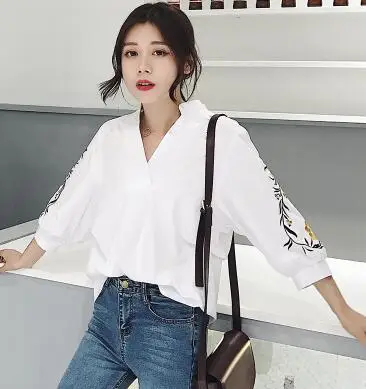 Кэрол Дневники Для женщин фонарь рукав вышитый цветок белая рубашка женская