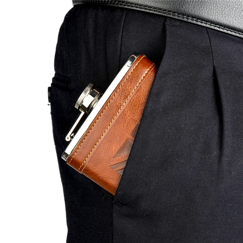 7 унц. карман фляга Флаг Союза печатных кожа покрыты нержавеющая сталь для