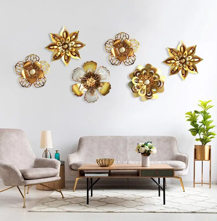 

American 3D Luxury Gold Wrought Iron Fake Flower Wall Hanging Crafts Wall Decoration Home Livingroom Wall Sticker Mural Ornament