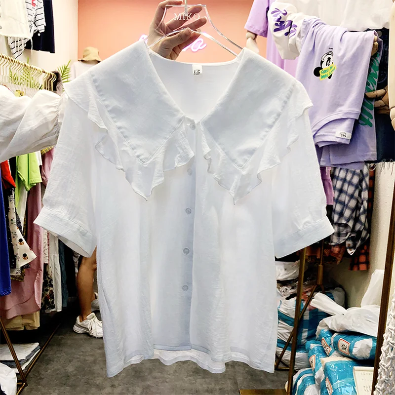 Vogue Single-breasted turndown collar Shirts Short Sleeve Korean Style Women Blusas Mujer De Moda 2018 Summer Blouses Femme Tops |