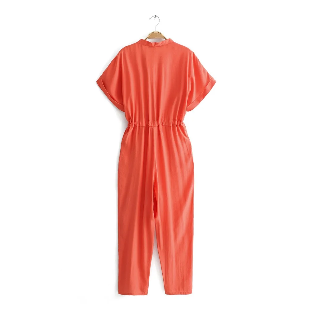 Женский комбинезон с коротким рукавом винтажный треугольным вырезом и бантиком