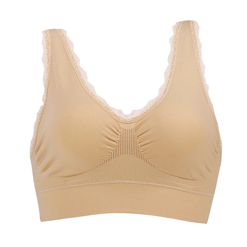 Beige Бюстгальтер без косточек для бега для женщин, девушек, спортивный бюстгальтер с кружевом, пуш-ап, нижнее белье для женщин, для спортзала, черный, белый, беспроводной бюстгальтер - Цвет: Beige