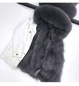 white coat gray fur Зимняя куртка, пальто, женская белая джинсовая куртка с дырками, настоящий большой воротник из лисьего меха, с капюшоном, с подкладкой из кроличьего меха, свободная куртка, Корейская Новинка - Цвет: white coat gray fur