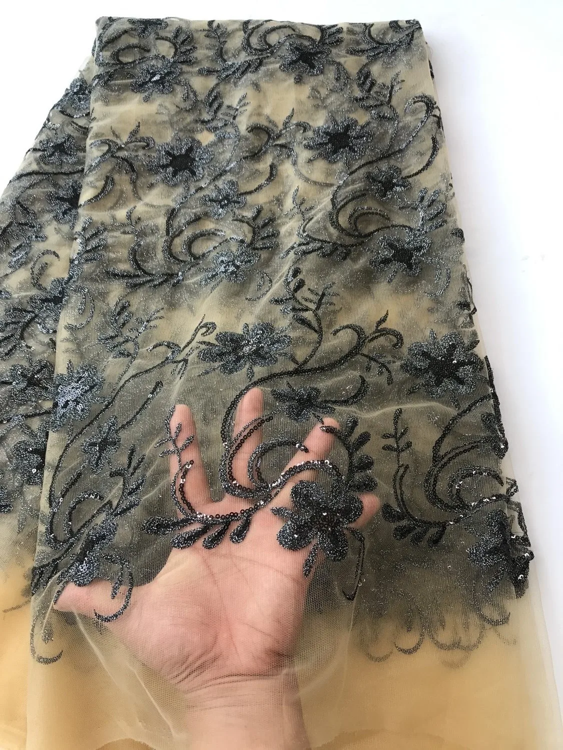 

Classical Design Nigeria tulle mesh lace sequins lace fabric fabric royal black africa lace fabric for wedding dress AMZ028