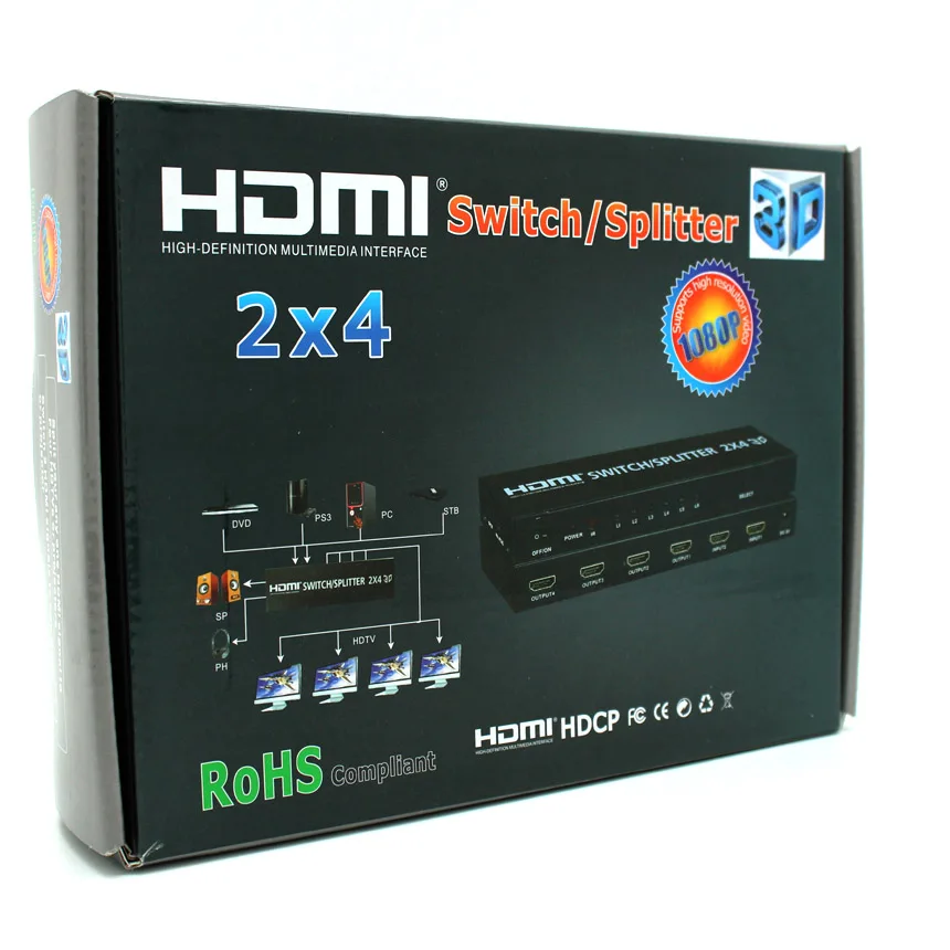 HDMI совместимый переключатель HD Splitter 2 в 4 выход с 3 5 мм Aux аудио/SPDIF аудио 2*4