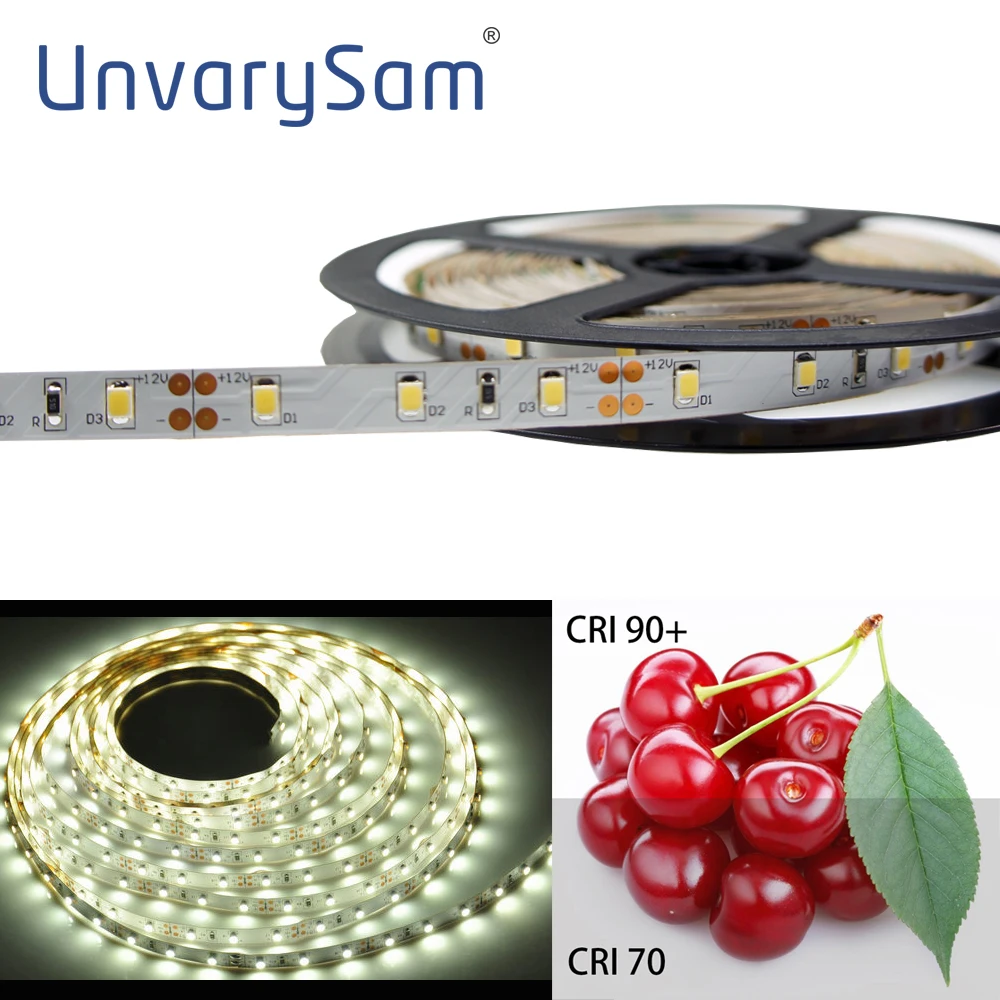 

High CRI 90+ LED Light Strip SMD2835 DC12V 1116LM/M White Flexible Lamp Bar 300LEDs 5M 8mm Wide Non-Waterproof Backlight Tape