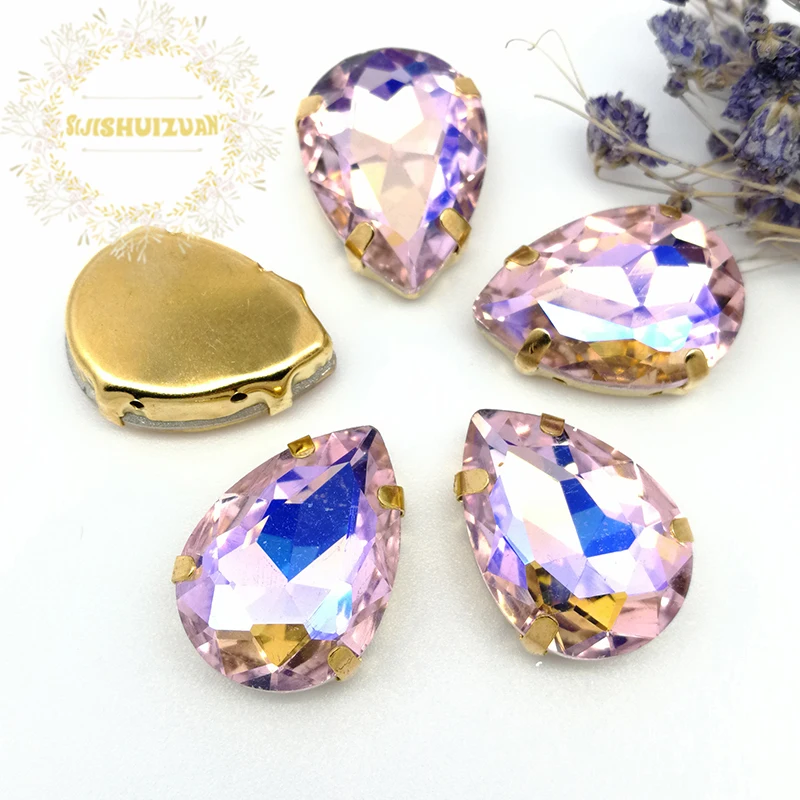 Розовый AB Dazzle Цвет капли воды стекло Кристалл пришить стразы с золотой четыре