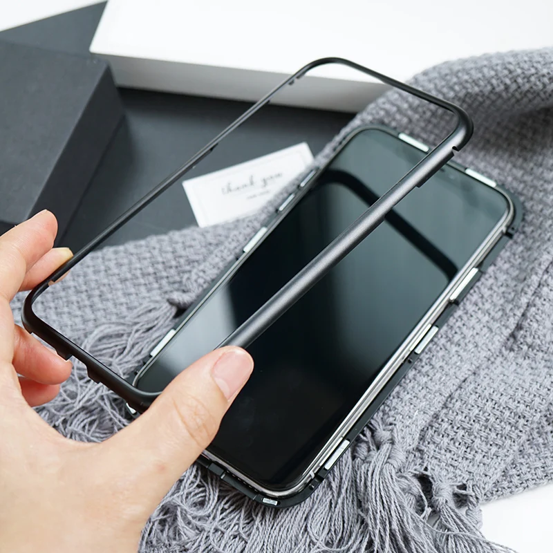 Магнитный адсорбционный чехол для iPhone X 8 7 Plus Алюминиевый Бампер металлический каркас+ 9 H закаленное стекло чехол для телефона