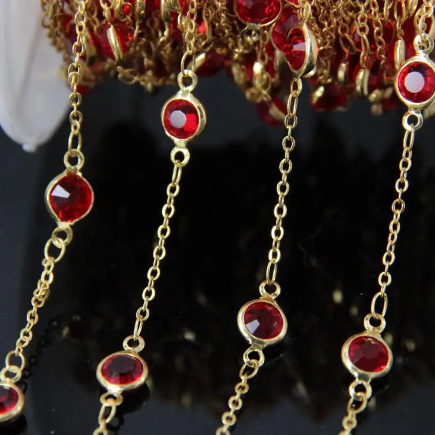 

6mm Red Glass Faceted Round beads Coin Chains,Glass Flat Gold edge Connectors beads Link Gold Plated Wire Wrapped Chains