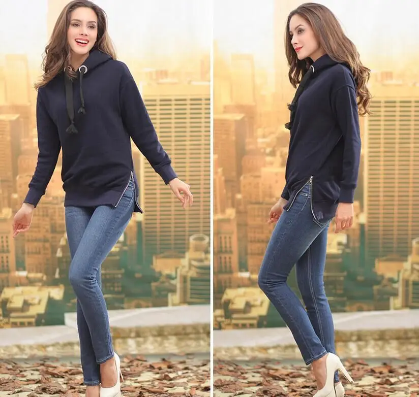 Новые модные женские негабаритных толстовки Длинный свитшот Side Zip Jacket пальто